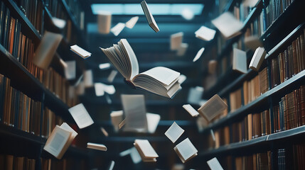 Poster - Flying open books in library
