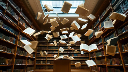 Aufkleber - Flying open books in library