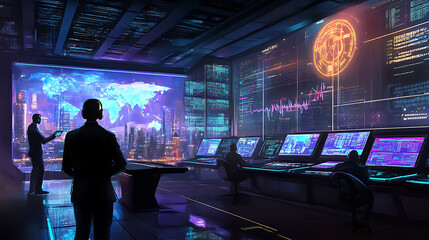 Fototapete - Futuristic cybersecurity command center with high, tech displays and analysts