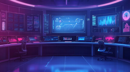 Poster - Futuristic cybersecurity command center with high, tech displays and analysts
