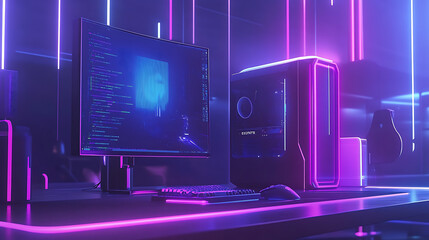 Fototapete - Gaming computer on desk in video gamer room with neon lights, Gaming PC monitor with abstract interface of computer game, Workstation of gaming streamer on table, Work station with neon cooler, Esport