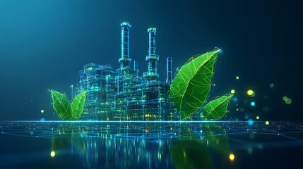 Poster - Green industry concept with factory and leaves in futuristic glowing low polygonal style on blue