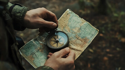 Poster - Handling a military compass and map, Survival, outdoors and military theme