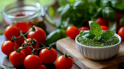 Poster - Italian salad with Burrata cheese and tomatoes, caprese with burrata cheese, cherry tomatoes, pesto sauce and basil