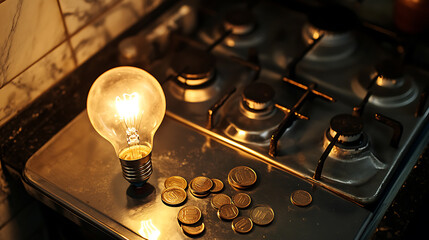 Aufkleber - Light bulb on next to lit gas cooker, with coins next to it, Energy and gas costs, cost increases