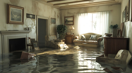 Poster - living room at home flooded with water, damaged furniture