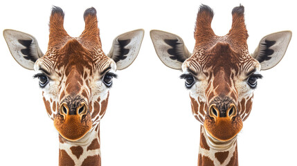 Poster - Close-up of Two Distinctive Giraffes on White Background Generative AI