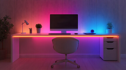 Aufkleber - Modern Work desk with colored led light, Smart home, 3D render