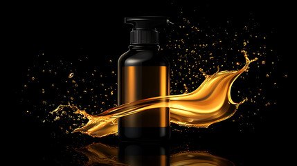 Poster - Motor oil bottle with splash and drops, car engine synthetic or mineral oil change service vector poster, Motor oil lubricant for diesel or gasoline auto engines with 3d wave splash flow of oil