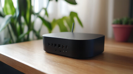 Aufkleber - New black Wi, Fi router on wooden table indoors