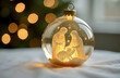 © Lelya - Close-up of a Christmas ornament in the form of a glass sphere with a gold-colored interior, the ornament illuminates the figures of Joseph, Mary and baby Jesus carved in glass. Nativity scene