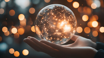 Fototapete - Pair of hands holding a transparent globe with digital connections and nodes superimposed over it, representing a network, global communication