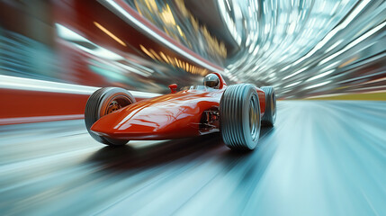 Poster - Racer on a racing car passes the track, Motion blur background, 3D rendering