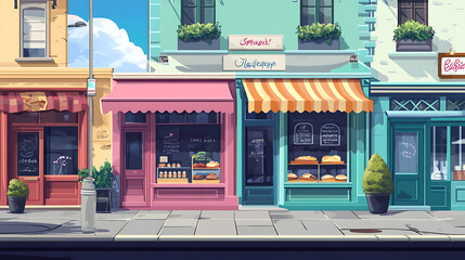 Wall Mural - Shops fronts on street, Shopping retail facades, bistroshop and barber boutique, bakery and pet store with sidewalk cartoon vector illustration, neighborhood store exteriors