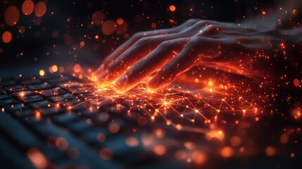 Glowing fingertips on a keyboard, representing the interface between humans and digital devices