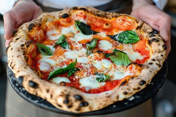 Fresh pizza on black board held by hands, melted cheese, herbs, close-up of vibrant toppings