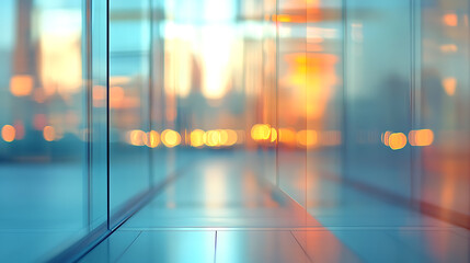 Poster - Sophisticated Office panorama with Reflective Glass Surfaces and Blurred Background