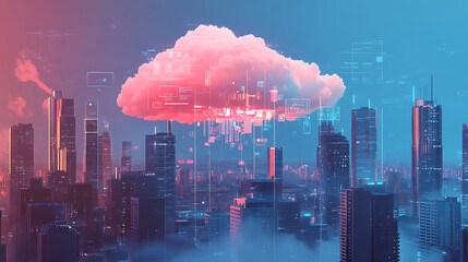 Poster - the cloud surrounded by digital icons and urban city landscape
