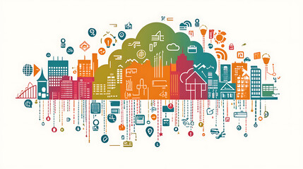 Poster - the cloud surrounded by digital icons and urban city landscape