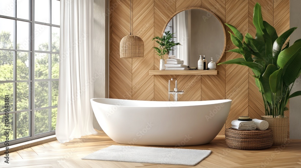 Modern bathroom featuring a freestanding tub, wooden accents, and greenery for relaxation.