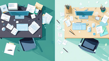 Leinwandbilder - top view of dirty and clean office workers desk, working process, computer, stacks of documents and 
