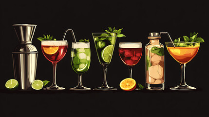 Poster - Various cocktail set with shaker on a dark background