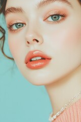 A detailed close-up portrait highlighting vibrant peach makeup, emphasizing fresh beauty and elegance against a soft blue background.