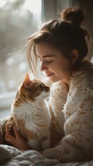 Poster - A woman snuggles with her cat. AI.