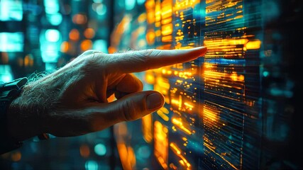 Poster - Close-up of a hand touching a futuristic digital interface with glowing data