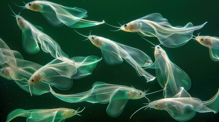 Canvas Print - A school of translucent fish swim through the water. AI.