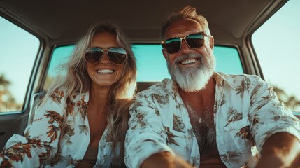 Smiling elderly couple is captured in a delightful moment inside a car, both wearing sunglasses and radiating joy as they embrace the summer's warmth and freedom.