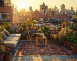 Sticker - A cozy rooftop patio with a view of the city skyline. AI.