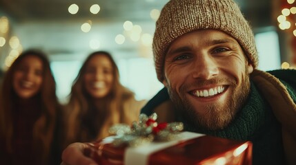 A bearded man, smiling warmly, presents a gift wrapped in festive paper, capturing the spirit of giving and joy during a cozy, warmly lit celebration.