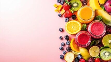 Poster - Fresh Fruit Smoothies with Ingredients on Pink Background