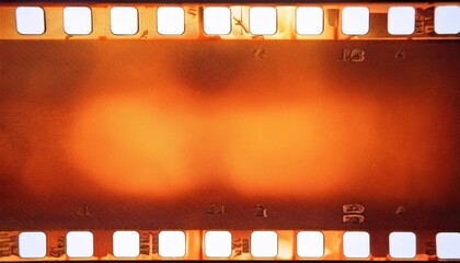 Wall Mural - Close-Up of Vintage 35mm Film Strip with Rich Orange Tones, Faded Scratches, and Light Leak Effects, Capturing Nostalgic Cinematic Aesthetics and the Imperfections of Classic Analog Photography