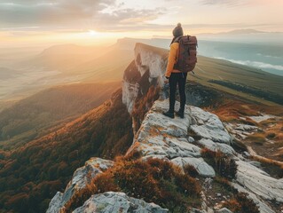 A hiker stands on a cliff edge, taking in the view of the vast landscape below. AI.