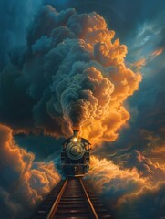 Wall Mural - a train chugs through a sea of clouds. ai.
