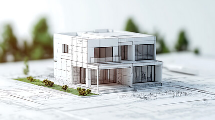 Leinwandbilder - 3D illustration of a modern cottage concept found on blueprints