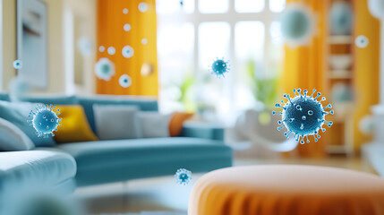 Poster - A 3D illustration showing the effect of cleaning on a blurry living room, with a protective shield against germs and viruses, emphasizing hygiene and health