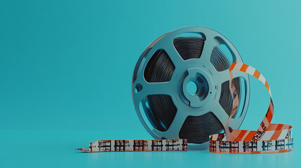Poster - 3d cinema film strip and reel with clapper board on blue