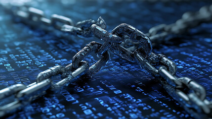 Poster - A broken chain breaking in half, symbolizing the break with digital security The background is blue and white binary code representing data and technology