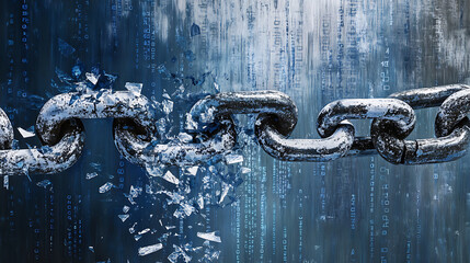 Poster - A broken chain breaking in half, symbolizing the break with digital security The background is blue and white binary code representing data and technology
