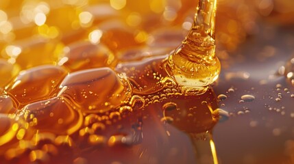 Wall Mural - Golden liquid pouring and creating bubbles. AI.