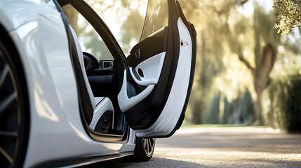 Poster - a close, up of the entire door of a white car that has its doors open