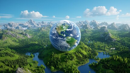Wall Mural - In this vivid painting of an ancient planet, a planet that resembles the Earth rises majestically above a lush fir forest and casts a serene glow over the treetops. The bright green foliage contrasts