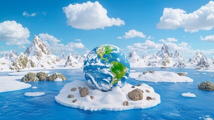 A floating frozen globe floats above icy landscapes in a cloudy sky