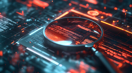 Aufkleber - A detailed IT Security Risk Assessment concept depicted with a magnifying glass focused on a document within an abstract technological atmosphere, symbolizing scrutiny and protection