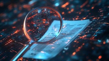 Leinwandbilder - A detailed IT Security Risk Assessment concept depicted with a magnifying glass focused on a document within an abstract technological atmosphere, symbolizing scrutiny and protection