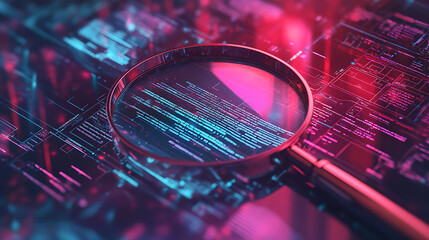 Aufkleber - A detailed IT Security Risk Assessment concept depicted with a magnifying glass focused on a document within an abstract technological atmosphere, symbolizing scrutiny and protection