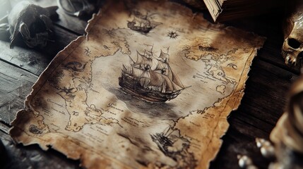 A pirate-them ed treasure map adorned with vintage illustrations of sea creatures and ships. Rich earth tones and artistic shading add depth to the design, inviting adventure